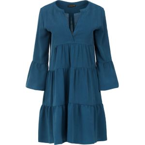 Petrol - A-lijn Jurk - Geplooide Naden - Driekwart Klokmouwen - Ronde Hals