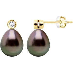 Zoetwaterparel oorbellen met echte glanzende ronde witte zoetwaterparels set in luxe 9K geelgoud aangevuld met witte zirkonia. De parel oorbellen zijn een mooi cadeau voor vrouwen., Parel, Parel