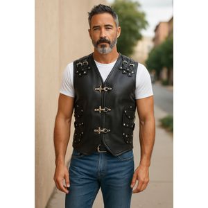 Pinetown - Biker Leren Vest - Zwart - Mouwloos - Met Metalen Gespen