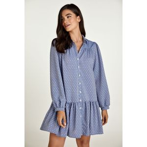 Jurken - Geborduurde Jurk - Denim Stijl - Lange Mouwen - Met Kraag en Knopen