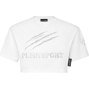 Plein Sport - Crop T-Shirt - Wit - Stretch Katoen - Lettering en Glitterprint