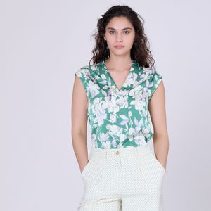 Mouwloze blouse met brede platte kraag en macro bloem afdrukken