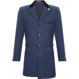 Crombie - 3/4 Lange Overjas - Marineblauw - Visgraat Tweed - Heren