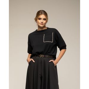 Gebreide Trui - Korte Mouwen - Voorzak met Strass-Details - Ronde Halslijn