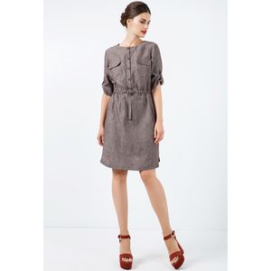 Linnen Jurk - Bruin - Zomerjurk - ¾ Mouwen - Ronde Halslijn