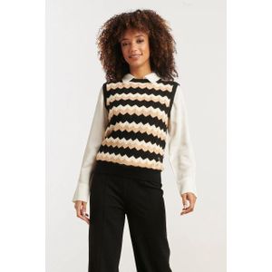 Smashed Lemon - Zigzag Top - Zwart-zandkleurig - Mouwloze Gebreide Spencer