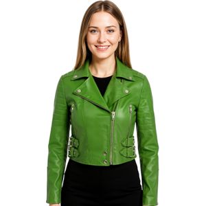 Dames - Brando - Leren Bikerjack - Appelgroen - Cropped Fit