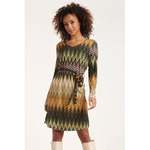 Smashed Lemon - Multicoloured Groentint Zigzag Jurk - V-vormige Halslijn - Lange Mouwen