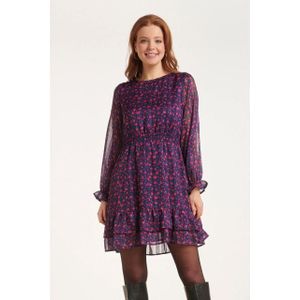 Smashed Lemon - Korte Jurk - Marineblauw - Fuchsia Bloemenprint