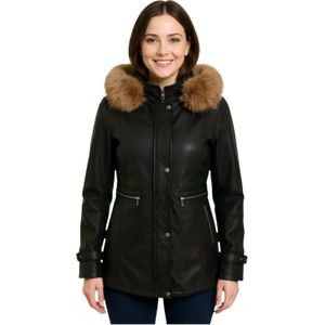 Zwarte Leren Parka - Charleville - Dames - Met Capuchon