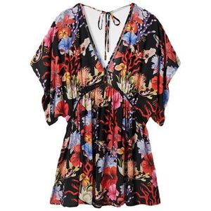 Floral - Kaftan Dress - Zwart - Katoen - Korte Mouwen