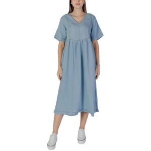b.young - V-Neck Short Sleeve Cotton Dress - Lichtblauw - Katoen