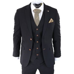 Heren - Mayfair - Pak - Zwart - 3-delig - Bruin Trim - Klassieke Birdseye