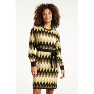 Smashed Lemon - Gebreide Zigzag Jurk - Armygroen en Zand