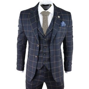 Heren - Marineblauw - 3-delig Tweed Pak - Peaky Blinders - Tailored Fit