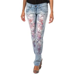 Lange denim broek met gescheurd effect en skinny zomen F054176 vrouw