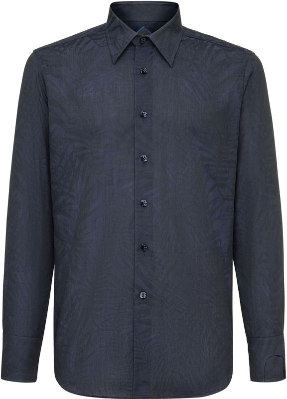 Overhemd - Zilver - Slim Fit Palms - Katoen - Jacquard Geweven Palmbomenpatroon