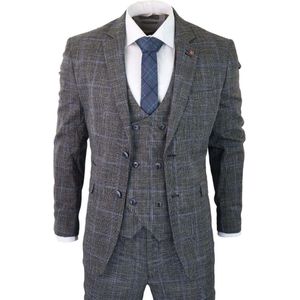 Heren - 3-delig - Grijs met Blauw Geruit - Tweed Vintage Klassiek Pak