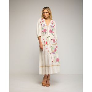 Popeline - Maxi Jurk - Met Bloemen - Franse Mouwen - V-halslijn