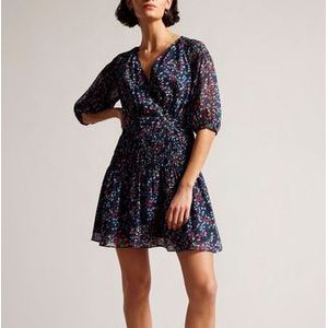 Ted Baker - Casadee - A-lijn Jurk - Marineblauw - V-hals - Korte Pofmouwen