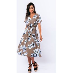 Linnen Midi-jurk - A-lijn - Met Bloemenprint - Korte Mouwen - Riem