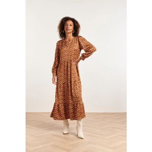 Smashed Lemon - 23816 - V-hals Jurk - Bruin-Oranje - Abstracte Print