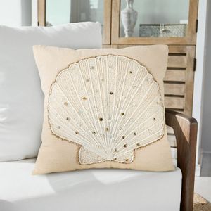 LOBERON Kussenhoes Luiv Wit/Beige - Handgeborduurd Schelpmotief - Geweven Textuur