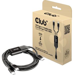 Club 3D USB Type-C, Y oplaadkabel naar 2x USB Type-C splitterkabel 1,83 meter, Max. 100 W