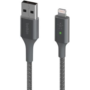 Belkin Boost Charge Lightning/ USB-A kabel met slimme led kabel 1,2 meter, Dubbel gevlochten nylon, CAA007bt04GR