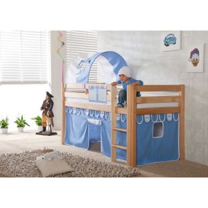 Halbhohes Spielbett ALEX Buche massiv natur lackiert mit Stoffset blau/boy