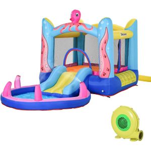 Aufblasbare Hüpfburg mit Rutsche für 3 Kinder Burg Springburg mit Gebläse Spielburg Spielhaus für 3-8 Jahre Kindergarten Oktopus-Muster Oxford-, Polyester-Gewebe 360 x 175 x 180 cm