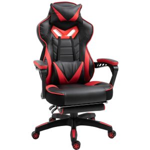 Ergonomischer Bürostuhl, Gaming Stuhl, Drehstuhl mit einziehbare Fußstütze und verstellbarer Rücken Schaumstoff+PU-Leder+Metall, Schwarz+Rot, 65 x 70 x 118,5-128,5 cm