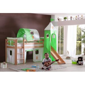 Halbhohes Spielbett ALEX mit Rutsche/Turm/Tunnel Buche massiv natur lackiert mit Stoffset Beige/Grün