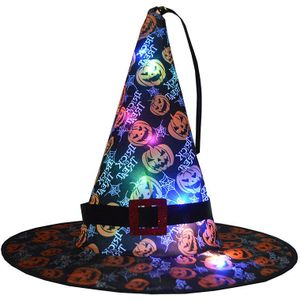 Heksenhoed Halloween Met LED Lichtjes - Zwart / Pompoen - Verkleedaccessoire