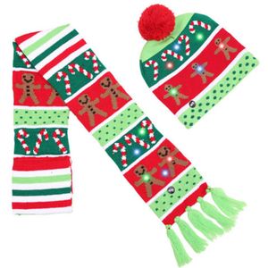 Lichtgevende Kerstmuts En Sjaal Met Lichtjes - Groen / Rood