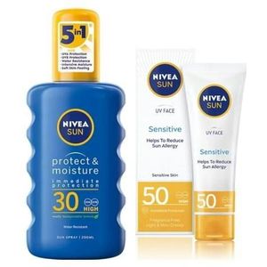 Nivea Sun UV Face Soothing Sensitive Cream SPF50 + Sun Protect & Moisture Sun Spray SPF30 50 ml + 200 ml