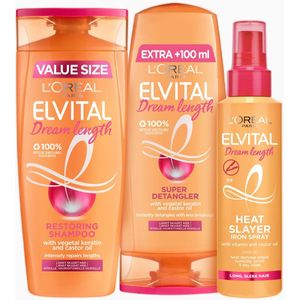 L'Oréal Paris Elvital Dream Length Shampoo, Conditioner & Heat Slayer Iron Spray 400 ml + 300 ml + 150 ml