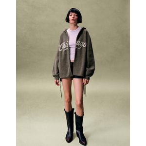 Bershka Chenille Trui Met Capuchon, Rits En Print Dames Xs-S Grijs