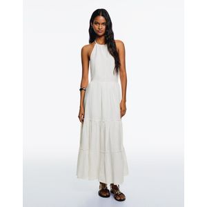 Bershka Midi-Jurk Met Volant En Halterlijn Dames Xl Wit