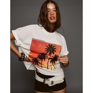 Bershka T-Shirt Met Print En Korte Mouw Dames Xs Ecru