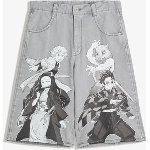 Bershka Baggy Bermuda Met Demon Slayer-Print Heren 42 Grijs