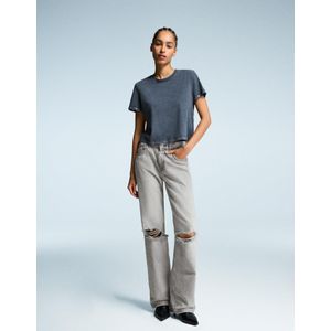 Bershka Jeans Met Wide Leg En Scheuren Dames 32 Donkergrijs