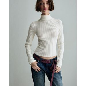 Bershka Geribde Trui Met Hoge Kraag Dames M Ecru