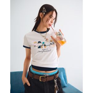 Bershka T-Shirt Met Korte Mouw En Mofusand-Print Dames Xs Gebroken Wit