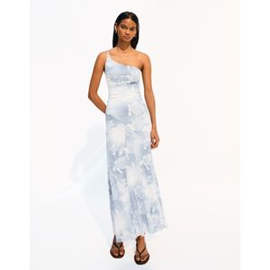 Bershka Asymmetrische Tule Maxi-Jurk Met Print Dames L Blauw