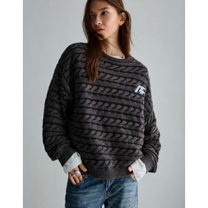 Bershka Geborduurde Trui Met Kabelmotief Dames M-L Donkergrijs