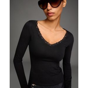 Bershka Kanten T-Shirt Met Lange Mouw Dames Xxs Zwart