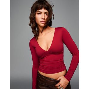 Bershka T-Shirt Met Plooi En Lange Mouw Dames Xs Rood