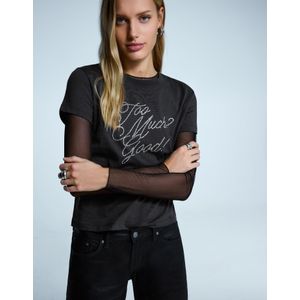 Bershka T-Shirt Met Korte Mouw, Print En Strass Dames S Donkergrijs