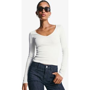 Bershka T-Shirt Met V-Hals En Lange Mouw Dames L Gebroken Wit